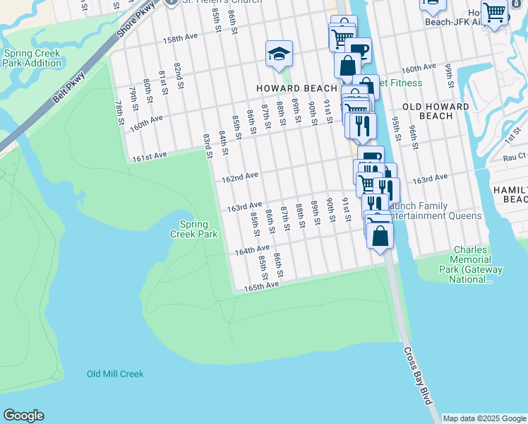 map of restaurants, bars, coffee shops, grocery stores, and more near 163-12 86th Street in Queens