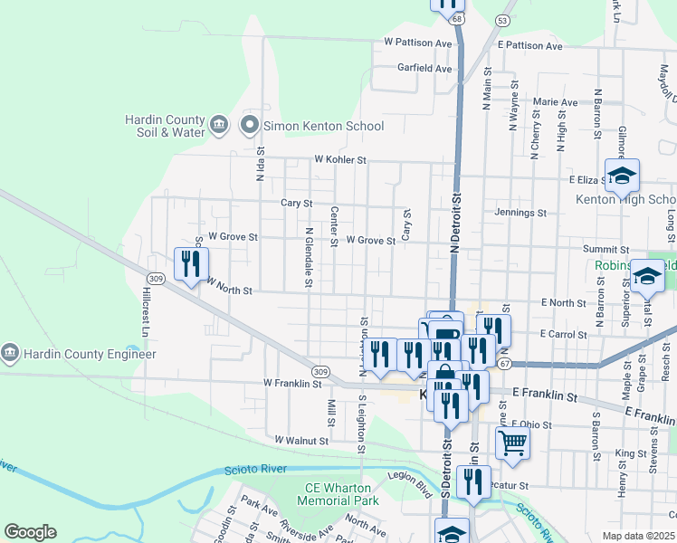 map of restaurants, bars, coffee shops, grocery stores, and more near 326 Center Street in Kenton