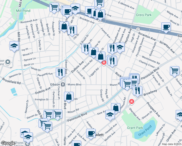 map of restaurants, bars, coffee shops, grocery stores, and more near 21 Liggett Road in Valley Stream