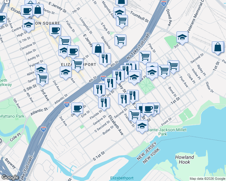 map of restaurants, bars, coffee shops, grocery stores, and more near 307 Franklin Street in Elizabeth