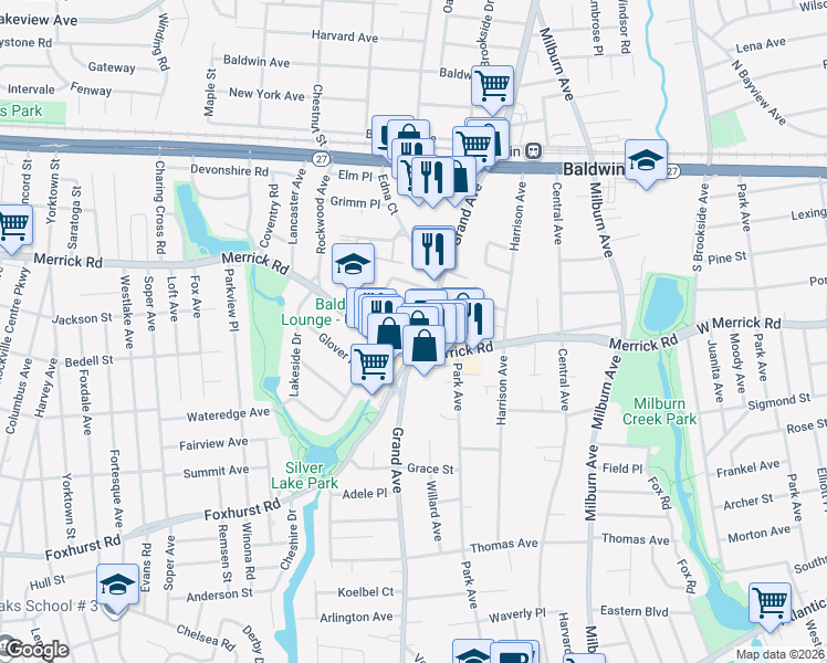 map of restaurants, bars, coffee shops, grocery stores, and more near 2428 Grand Avenue in Baldwin