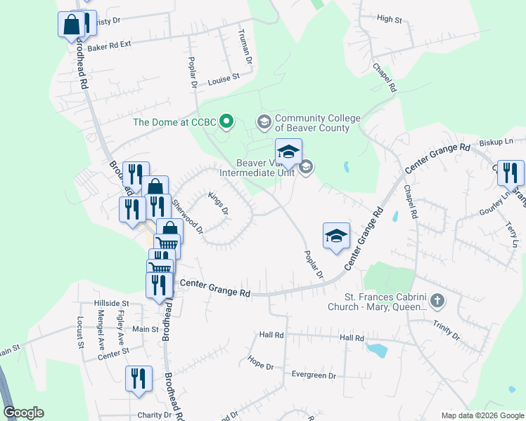 map of restaurants, bars, coffee shops, grocery stores, and more near 213 Sherwood Drive in Monaca