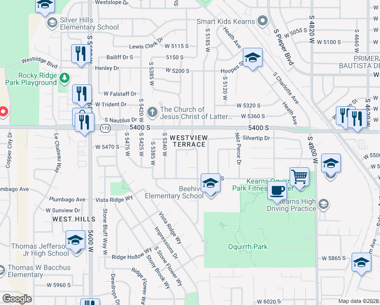 map of restaurants, bars, coffee shops, grocery stores, and more near 5485 South Sarah Jane Drive in Kearns