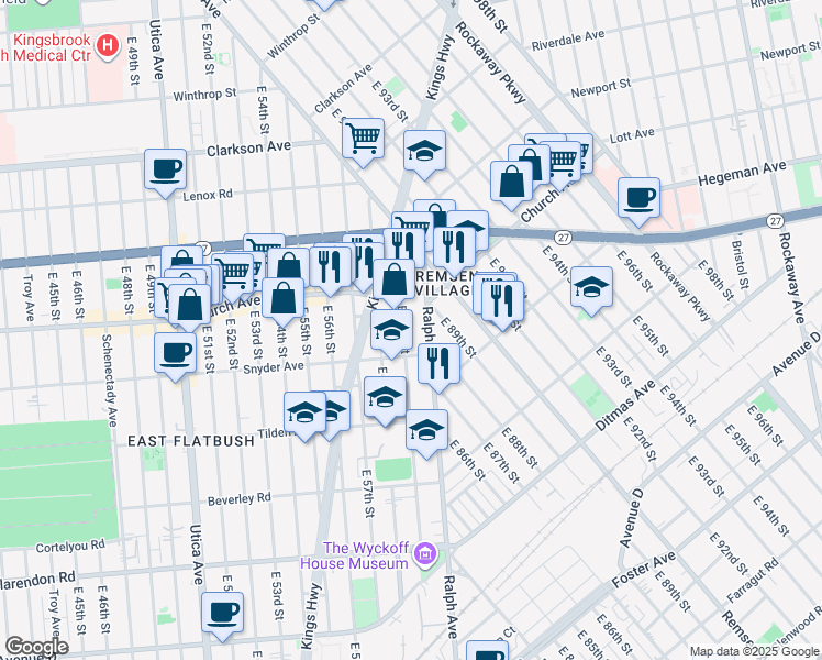 map of restaurants, bars, coffee shops, grocery stores, and more near 115 East 59th Street in Brooklyn