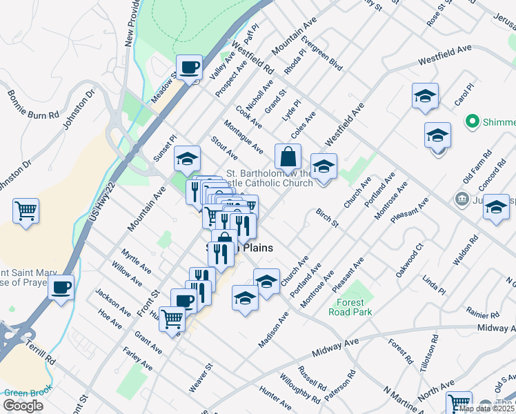 map of restaurants, bars, coffee shops, grocery stores, and more near 426 Union Avenue in Scotch Plains