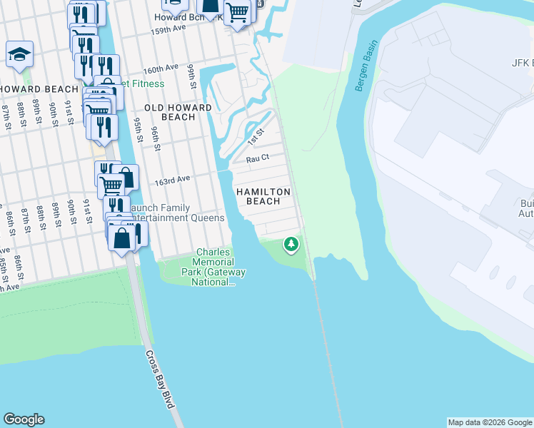 map of restaurants, bars, coffee shops, grocery stores, and more near 102-08 164th Road in Queens