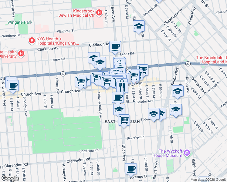 map of restaurants, bars, coffee shops, grocery stores, and more near 919 Utica Avenue in Brooklyn