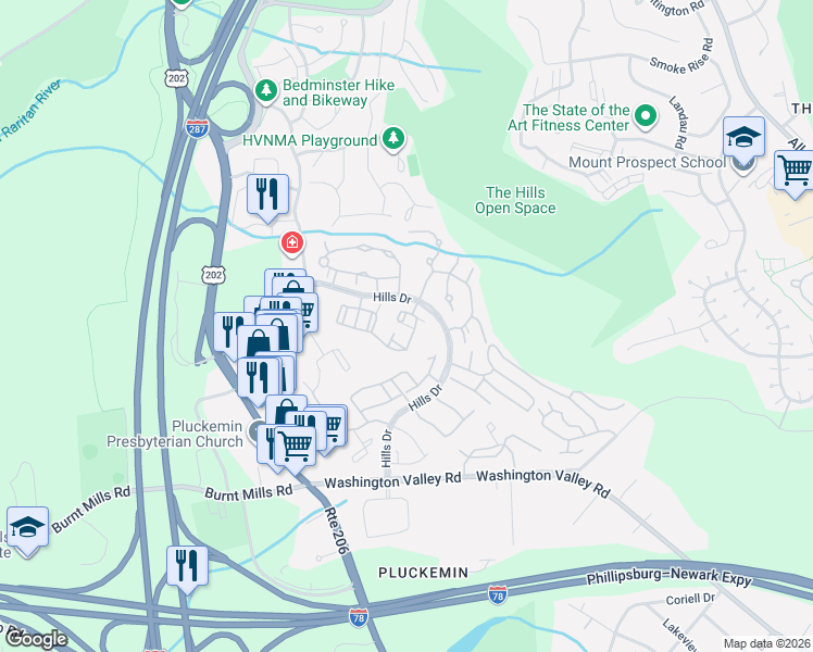 map of restaurants, bars, coffee shops, grocery stores, and more near 26 Crossfield Court in Bedminster