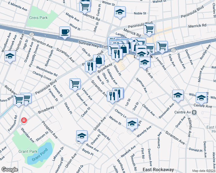 map of restaurants, bars, coffee shops, grocery stores, and more near 62 Peterson Place in Lynbrook