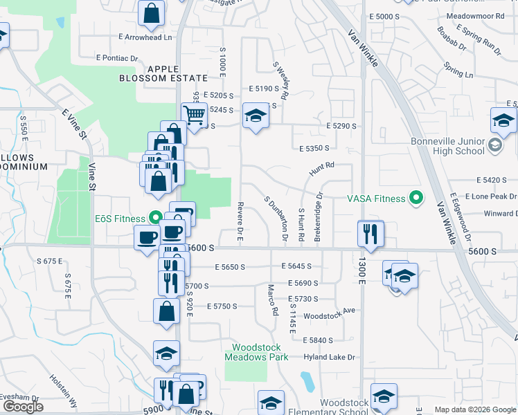 map of restaurants, bars, coffee shops, grocery stores, and more near 5505 South Somerset Way in Salt Lake City