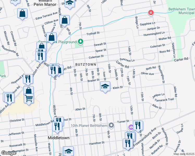 map of restaurants, bars, coffee shops, grocery stores, and more near 2505 9th Street in Bethlehem