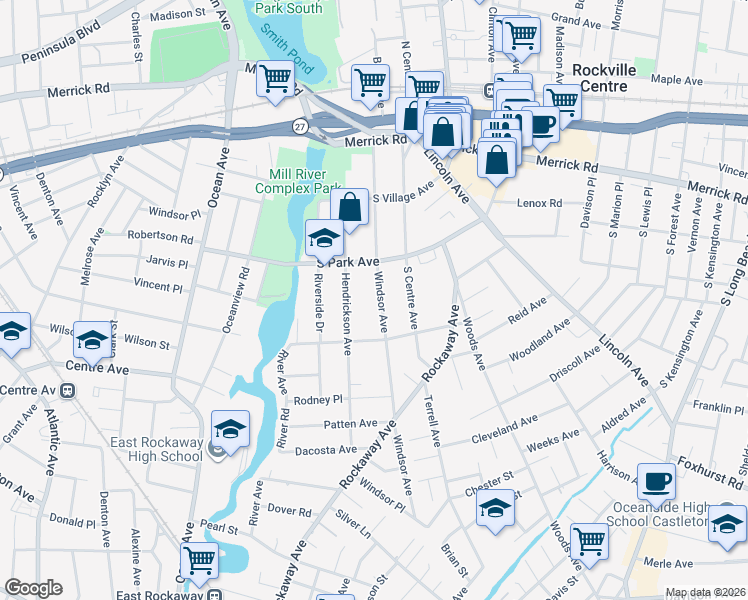 map of restaurants, bars, coffee shops, grocery stores, and more near 170 Windsor Avenue in Rockville Centre