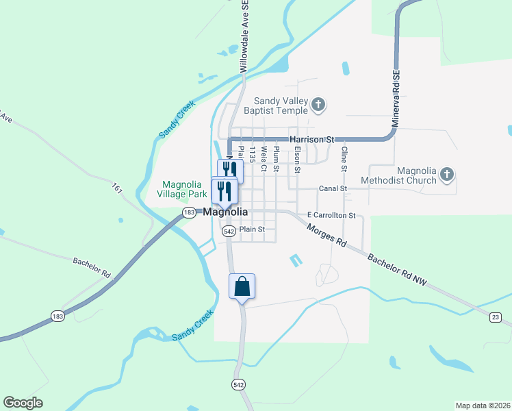 map of restaurants, bars, coffee shops, grocery stores, and more near 205 East Carrollton Street in Magnolia
