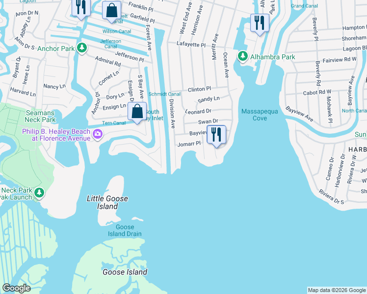 map of restaurants, bars, coffee shops, grocery stores, and more near 7 Jomarr Place in Massapequa