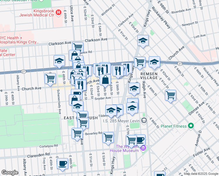 map of restaurants, bars, coffee shops, grocery stores, and more near 262 East 55th Street in Brooklyn