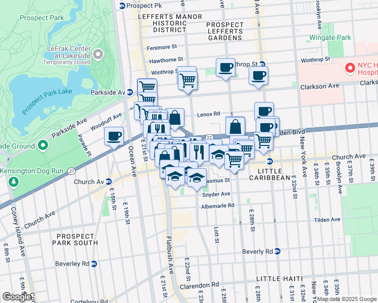 map of restaurants, bars, coffee shops, grocery stores, and more near 2273 Church Avenue in Brooklyn