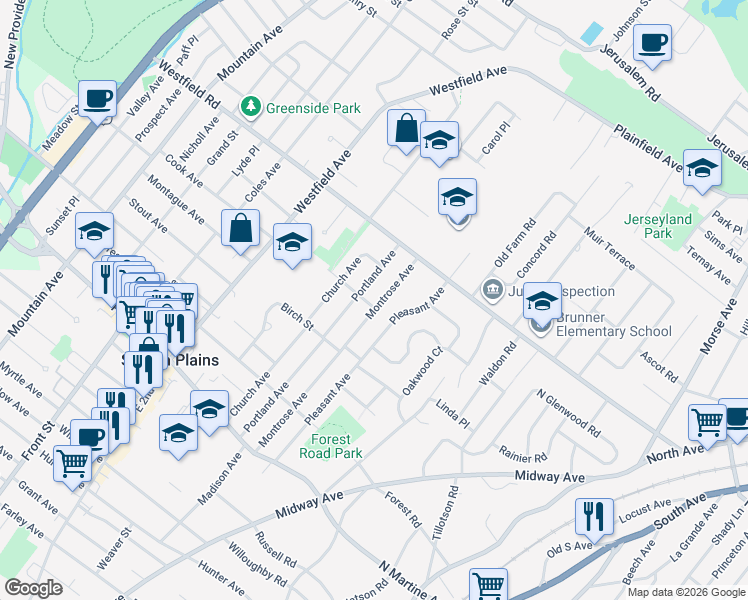 map of restaurants, bars, coffee shops, grocery stores, and more near 77 Montrose Avenue in Fanwood