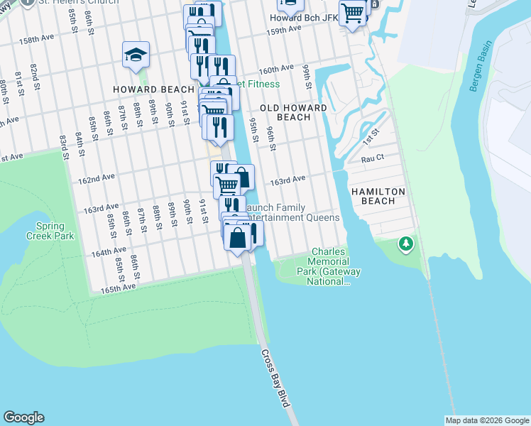 map of restaurants, bars, coffee shops, grocery stores, and more near 163-40 95th Street in Queens