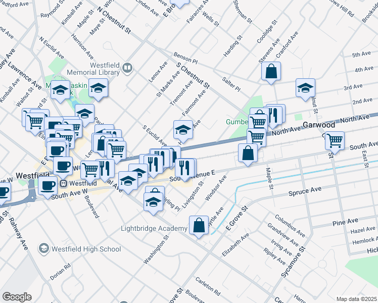 map of restaurants, bars, coffee shops, grocery stores, and more near 522 North Avenue East in Westfield