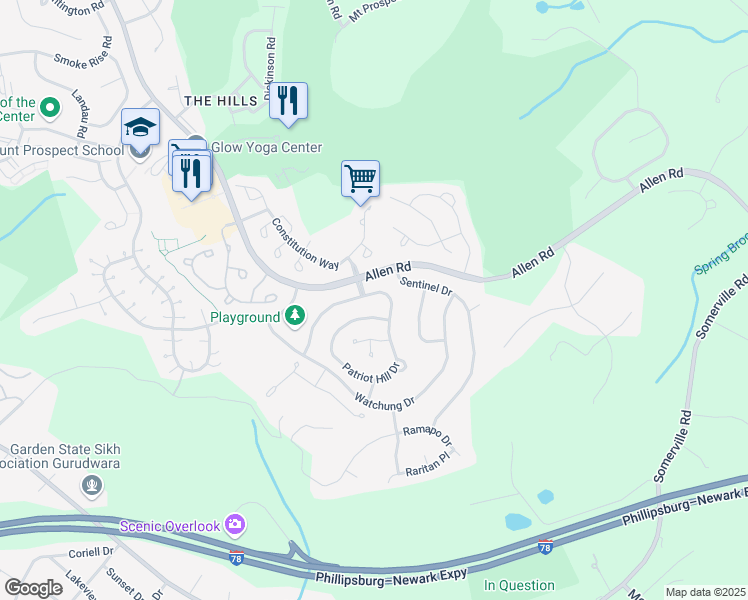 map of restaurants, bars, coffee shops, grocery stores, and more near 71 Patriot Hill Drive in Basking Ridge