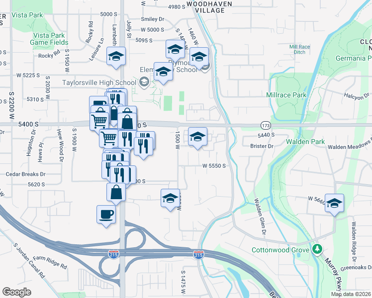 map of restaurants, bars, coffee shops, grocery stores, and more near 5446 1465 West in Salt Lake City