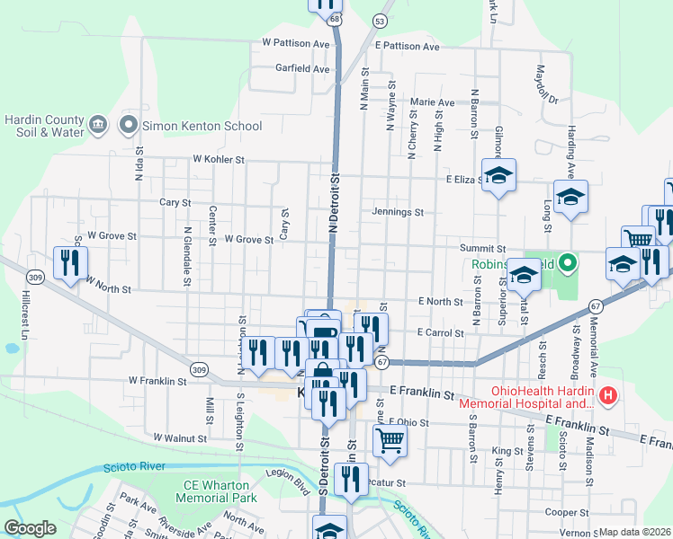 map of restaurants, bars, coffee shops, grocery stores, and more near 334 North Detroit Street in Kenton