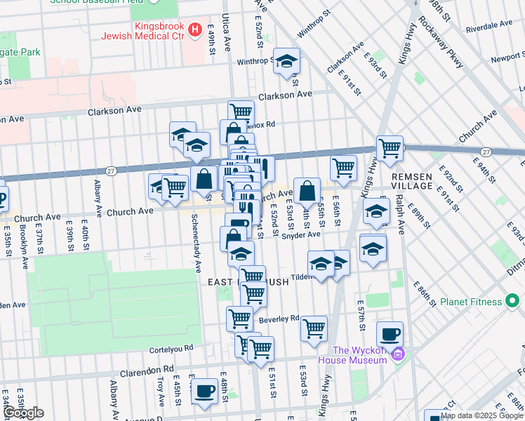 map of restaurants, bars, coffee shops, grocery stores, and more near 415 East 51st Street in Brooklyn