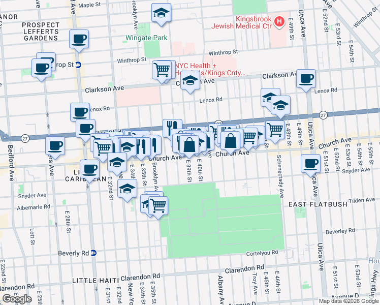 map of restaurants, bars, coffee shops, grocery stores, and more near 3901 Church Avenue in Brooklyn