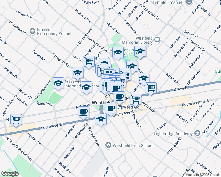 map of restaurants, bars, coffee shops, grocery stores, and more near 143 East Broad Street in Westfield