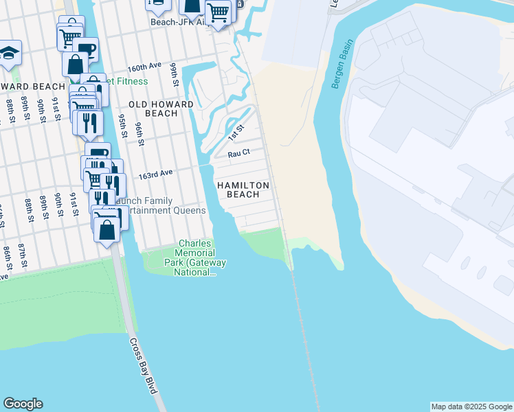 map of restaurants, bars, coffee shops, grocery stores, and more near 102-08 164th Road in Queens