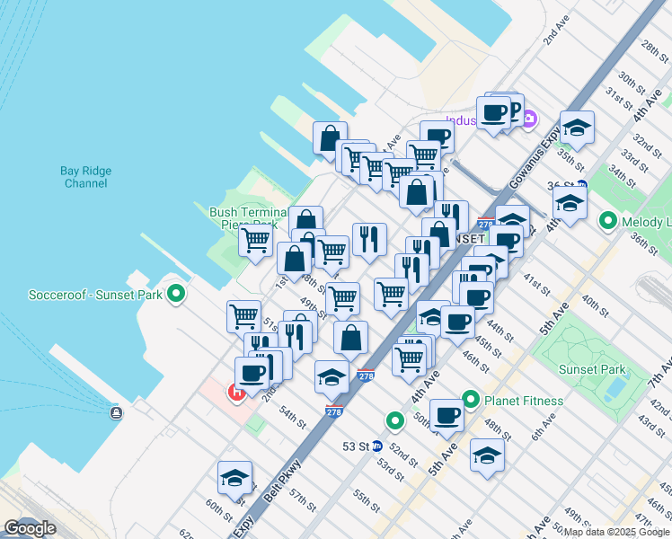 map of restaurants, bars, coffee shops, grocery stores, and more near 149 47th Street in Brooklyn