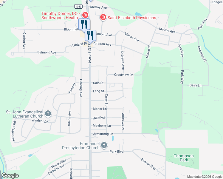 map of restaurants, bars, coffee shops, grocery stores, and more near 813 Lang Street in East Liverpool