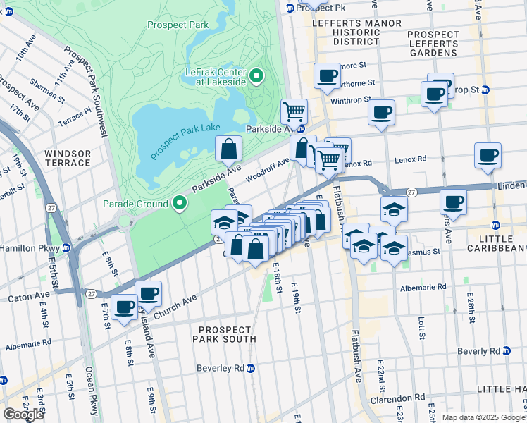 map of restaurants, bars, coffee shops, grocery stores, and more near 1735 Caton Avenue in Brooklyn