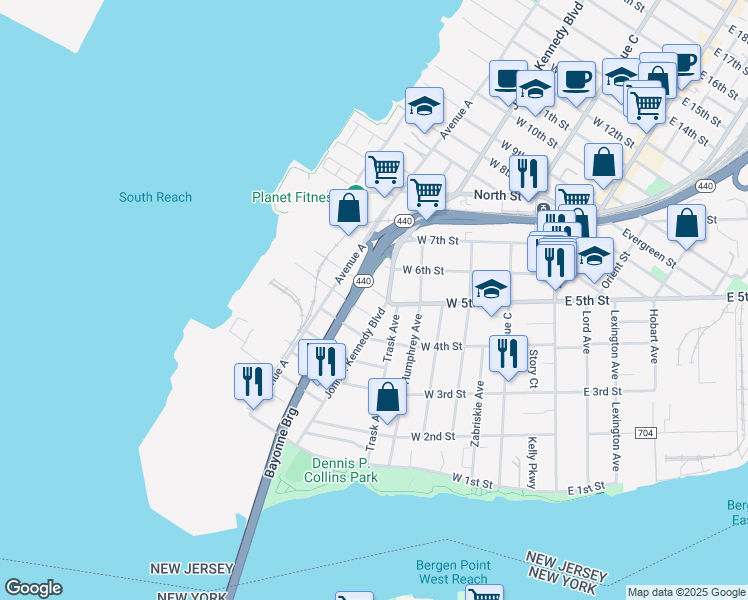 map of restaurants, bars, coffee shops, grocery stores, and more near 134 W 5th St in Bayonne