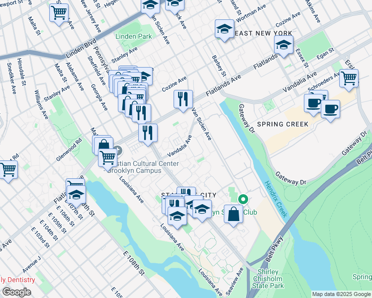 map of restaurants, bars, coffee shops, grocery stores, and more near 180 Vandalia Avenue in Brooklyn