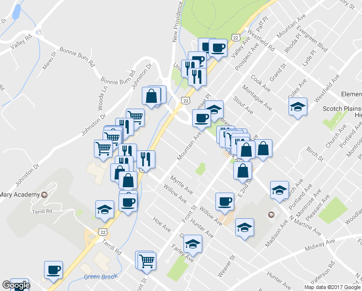 map of restaurants, bars, coffee shops, grocery stores, and more near 242 Pinehurst Avenue in Scotch Plains