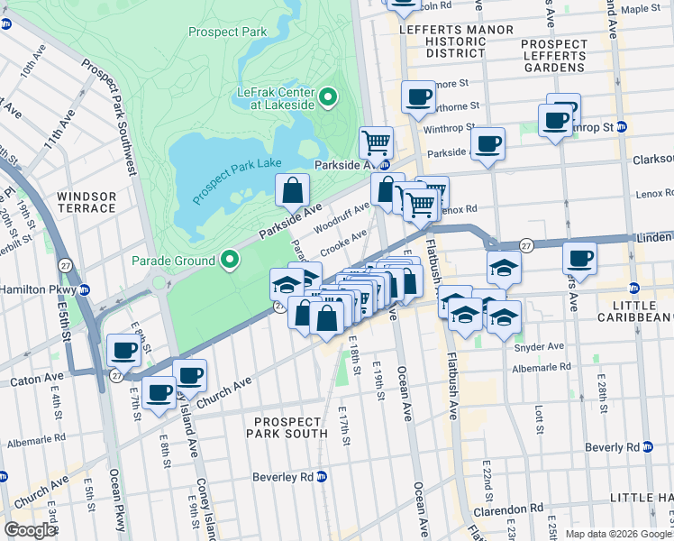 map of restaurants, bars, coffee shops, grocery stores, and more near 2 East 18th Street in Brooklyn