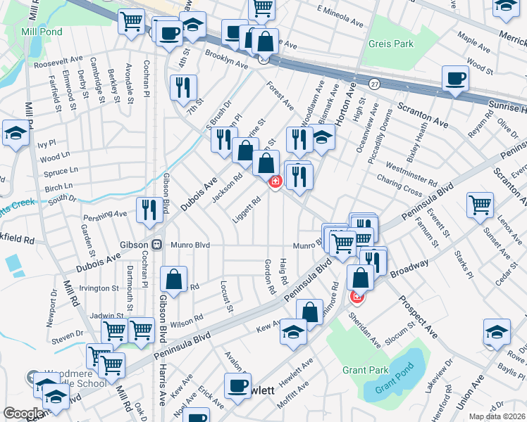 map of restaurants, bars, coffee shops, grocery stores, and more near 32 Gordon Road in Valley Stream