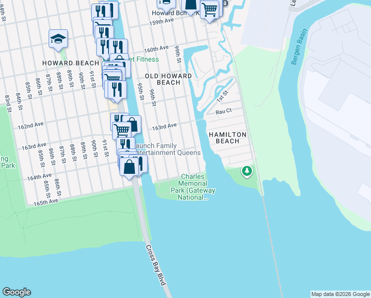 map of restaurants, bars, coffee shops, grocery stores, and more near 98-07 164th Avenue in Queens