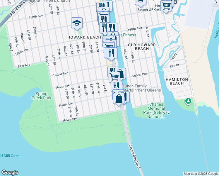 map of restaurants, bars, coffee shops, grocery stores, and more near 163-30 92nd Street in Queens