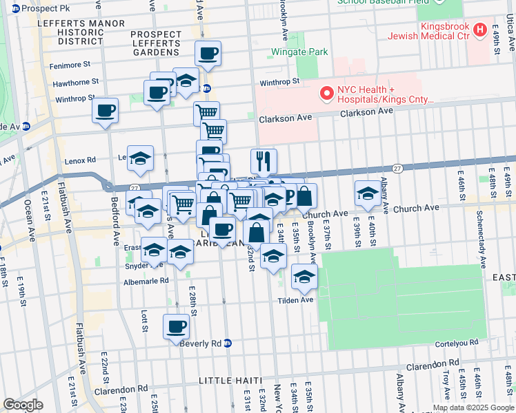 map of restaurants, bars, coffee shops, grocery stores, and more near 896 New York Avenue in Brooklyn