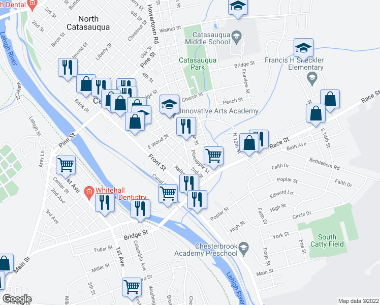 map of restaurants, bars, coffee shops, grocery stores, and more near 127 Howertown Road in Catasauqua
