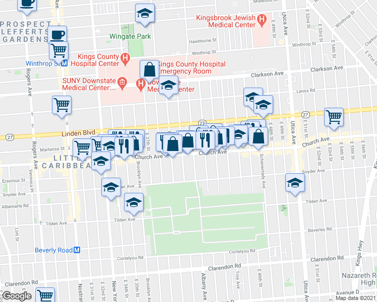 map of restaurants, bars, coffee shops, grocery stores, and more near 4015 Church Avenue in Brooklyn