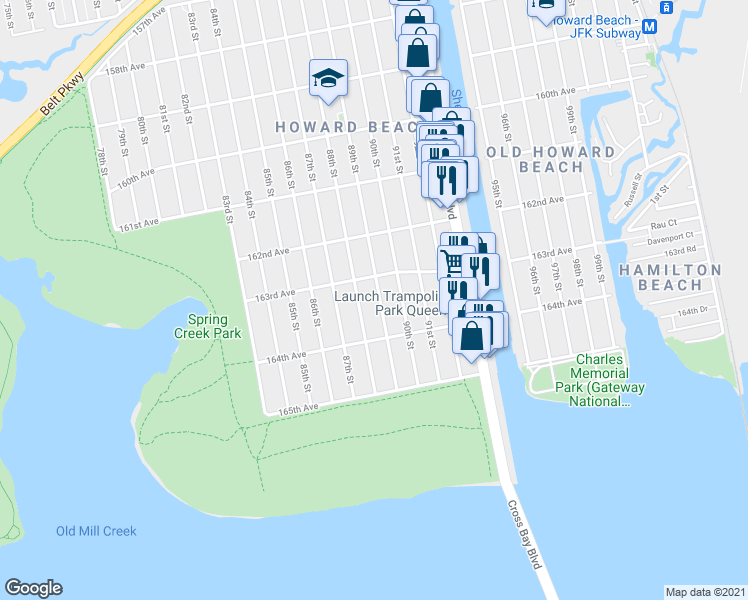 map of restaurants, bars, coffee shops, grocery stores, and more near 163-24 89th Street in Queens