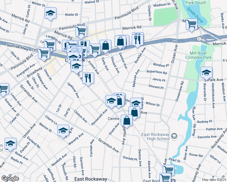 map of restaurants, bars, coffee shops, grocery stores, and more near 247 Forest Avenue in Lynbrook