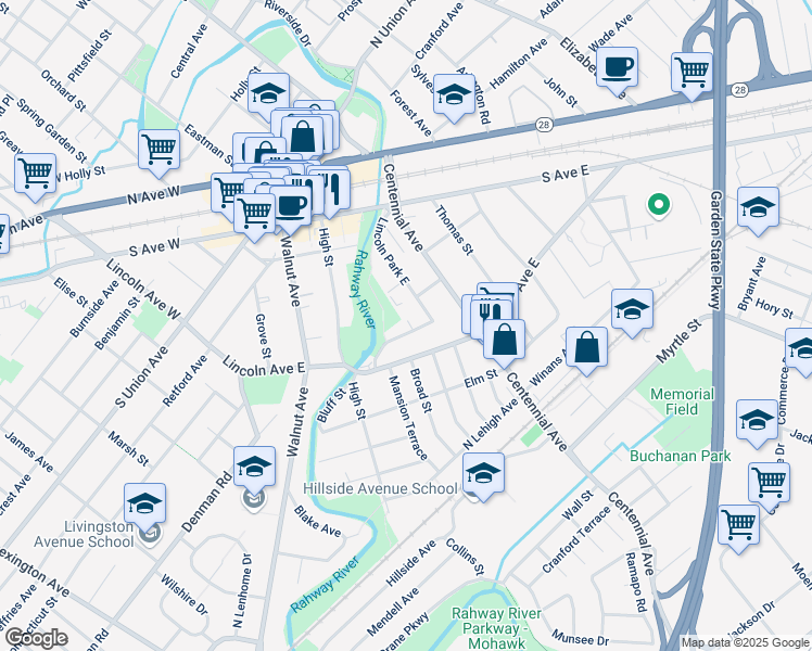 map of restaurants, bars, coffee shops, grocery stores, and more near 630 Lincoln Park East in Cranford