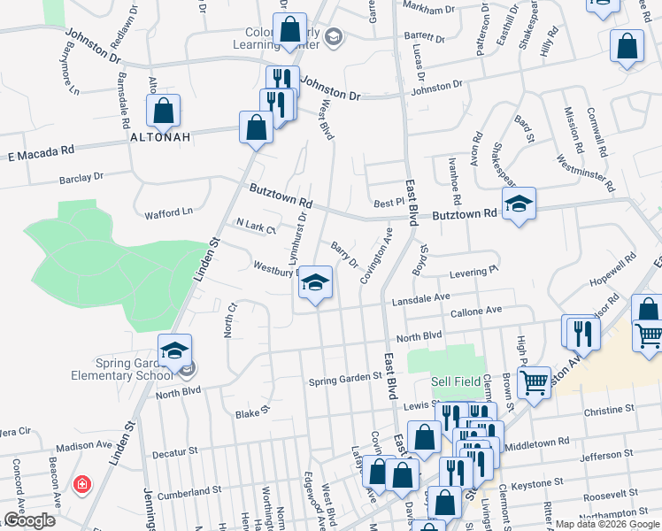 map of restaurants, bars, coffee shops, grocery stores, and more near 2655 Lafayette Avenue in Bethlehem