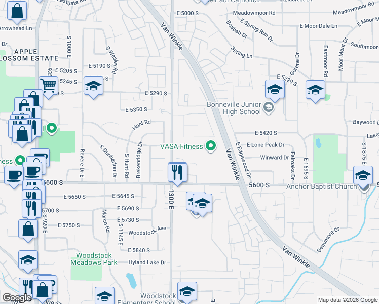 map of restaurants, bars, coffee shops, grocery stores, and more near 1344 Merritt Circle in Salt Lake City