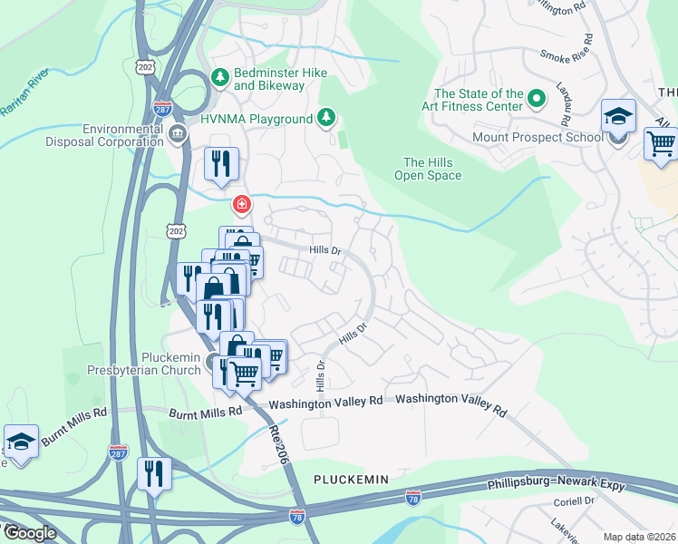 map of restaurants, bars, coffee shops, grocery stores, and more near 61 Fieldstone Road in Bedminster
