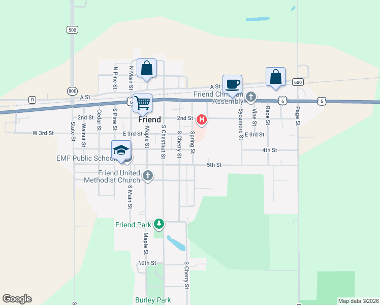 map of restaurants, bars, coffee shops, grocery stores, and more near 403 Spring Street in Friend